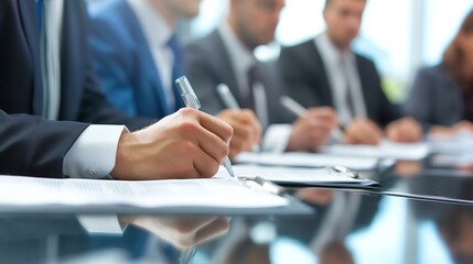 Business Professionals in a Meeting Taking Notes and Recording Minutes. Collaborative Corporate Environment Concept for Poster, Background Image, and Banner Design