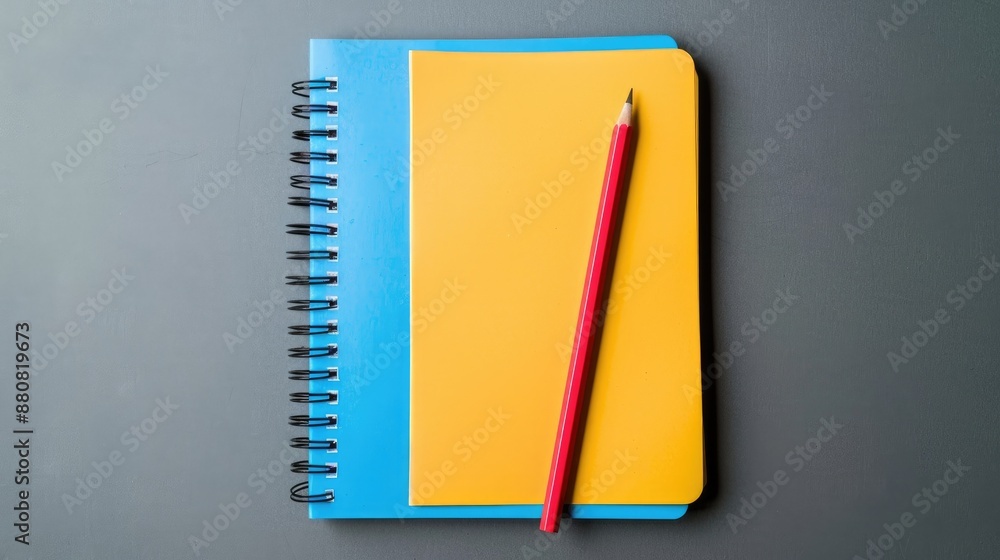 Poster notebook with blank pages colorful paper and pencil on gray background for adding text or design