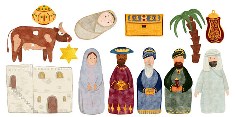 Mary with baby Jesus, Joseph, magi, cow. Christmas nativity set in watercolor isolated on white. High quality Illustration for calendar, banners, napkins, textile, stickers, posters and totes design