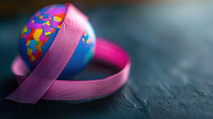 A small globe wrapped with a pink ribbon, symbolizing unity and solidarity