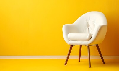 Modern white velour chair on wooden legs isolated on yellow background copy space, Generative AI