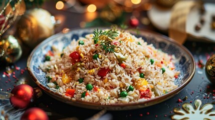 A festive plate of vegetable fried rice garnished with fresh herbs, surrounded by Christmas ornaments and lights.