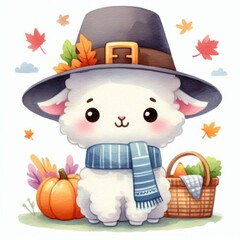 Cute alpaca wearing a pilgrim hat, scarf, and next to a pumpkin and basket of vegetables.