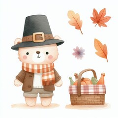 Cute bear wearing a pilgrim hat and scarf, holding a basket of harvest vegetables with autumn leaves. Perfect for Thanksgiving or fall-themed designs.