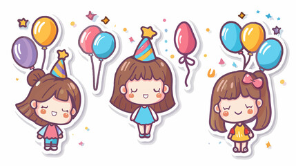 birthday girl Icon, Funny  Cartoon Kawaii Character, Chibi Sticker Collection 