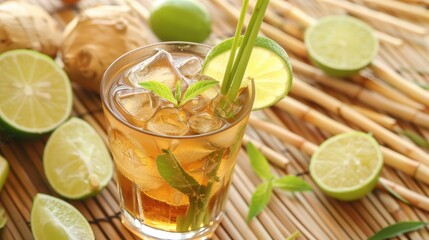 Fototapeta premium Refreshing iced tea with ginger, lemongrass and lime. Perfect for summer.