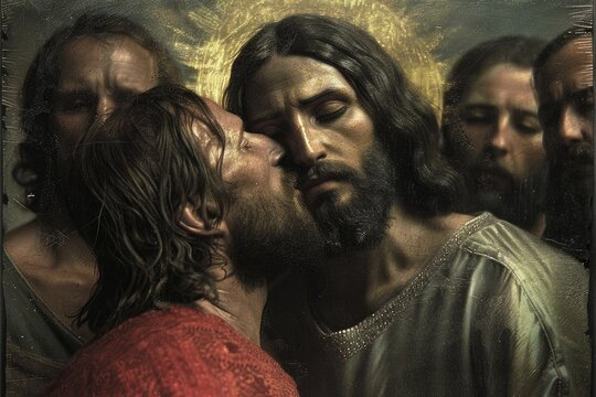 Kiss of Judas: pivotal moment of betrayal in the life of jesus christ, profound religious symbolism depicted in the bible, exploring themes of loyalty, deception, and redemption in christian theology.