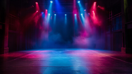 Obraz premium Theater stage light background with spotlight illuminated the stage. Empty stage with bright colors backdrop decoration. Entertainment show