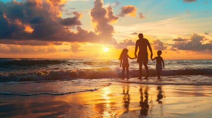 Fototapeta premium Family Silhouette at Sunset on a Sandy Beach