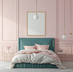 Chic Bedroom with Pink Walls, Teal Upholstered Bed, and Empty Poster Mock-up Frame Above Bed
