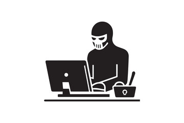 Spy agent searching on a laptop hacker silhouette