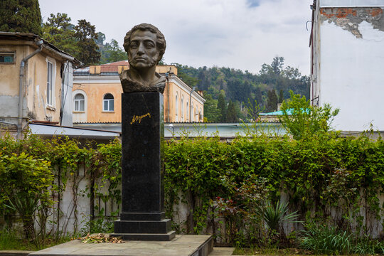 Sukhumi, Abkhazia, Georgia - 11 April, 2023: Monument to the Russian poet A.S. Pushkin in Sukhumi, Abkhazia. Installed in 1984 by sculptor B. G. Gogoberidze, architect A. A. Kvitatiani