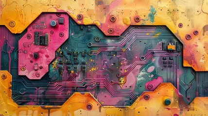 Colorful circuit board artwork merges technology and creativity in a vibrant, abstract representation of electronics and innovation.