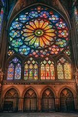 Obraz premium Stunning Stained Glass Rose Window in Gothic Cathedral with Intricate Designs and Vibrant Colors