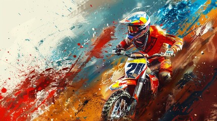 Motocross Rider in Action with Paint Splatter Background