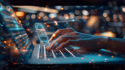 A person's hands typing on a laptop, with a glowing padlock hologram emerging from the screen, representing cybersecurity and data protection.