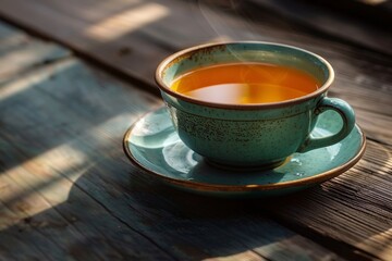 A steaming cup of tea on a rustic wooden table