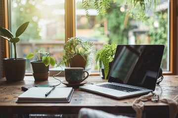 Laptop, Plants, and a Cup of Coffee on a Wooden Table