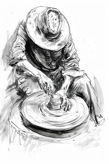 A black and white sketch of a potter molding clay on a spinning wheel