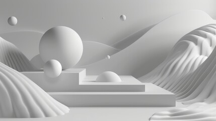 Abstract White Geometric Landscape Monochromatic abstract landscape with white geometric shapes, creating a surreal and minimalist visual effect