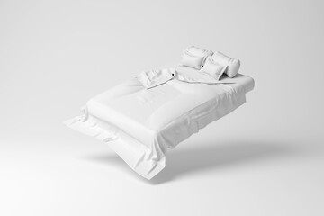 White double bed floating in mid air on white background in monochrome and minimalism. Illustration of the concept of sleep, bedrooms and furniture