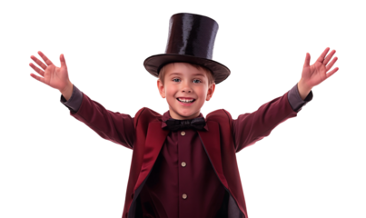 A little boy in magivian or illusionist costume and hat spreading arms wide in performance gesture. Enthusiastic kid in magician’s garb posing for magic act isolated on transparent background.