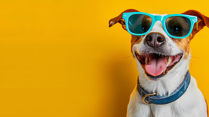 Cheerful dog wearing blue sunglasses against a bright yellow background, radiating joy and playfulness.