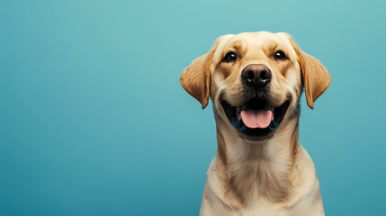 Happy golden retriever with tongue out against a bright blue backdrop, showcasing its playful and joyful nature.