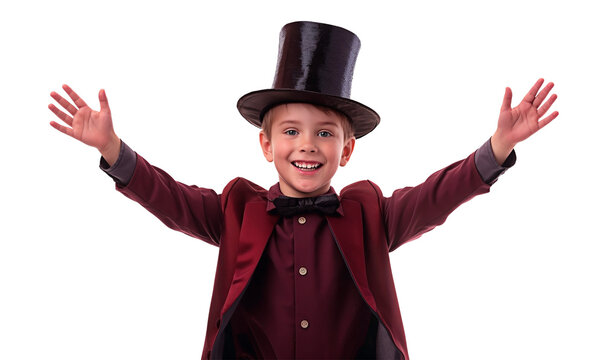A little boy in magivian or illusionist costume and hat spreading arms wide in performance gesture. Enthusiastic kid in magician’s garb posing for magic act isolated on transparent background.