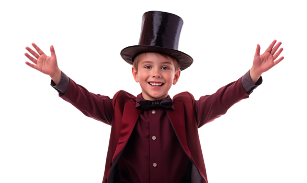 A little boy in magivian or illusionist costume and hat spreading arms wide in performance gesture. Enthusiastic kid in magician’s garb posing for magic act isolated on transparent background.