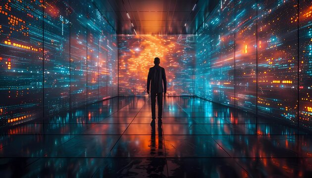 AI-driven Data Protection in Business Networks, businessman using virtual cybersecurity technology for online data protection, securing data storage on a global business network server.