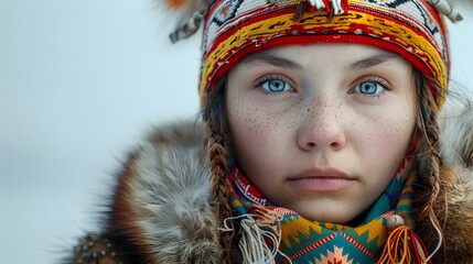 Detailed Portrait of a Sami Individual Wearing Traditional Attire on Isolated Background