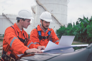 Engineer holding blueprint and tablet standing in front of  industrial facility, possibly a refinery or chemical plant, judging by the presence of large structures and pipes in the background.