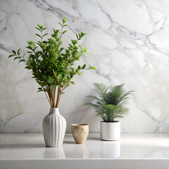 Fototapeta premium Vase and plants on a white marble countertop. 