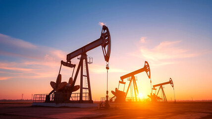 Multiple oil pump jacks working in a field during sunset.
