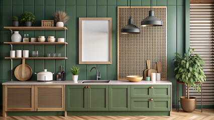 Poster frame mockup for kitchen interior and accessories on a dark green wall.
