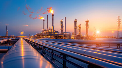 An extensive oil refinery with illuminated towers and pipelines at dusk.