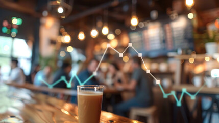 Naklejka premium Financial Growth Chart with Blurry Background of People in Cafe