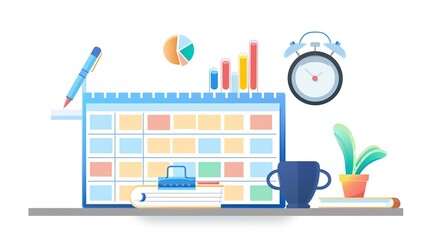 Time tracking flat design side view theme calendar water color Complementary Color Scheme, efficient schedule management. copy space for text,