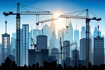 silhouette of a construction site with cranes and buildings