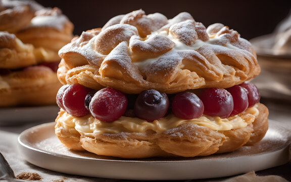 Paris-Brest, choux pastry with praline cream, chic patisserie, soft morning light