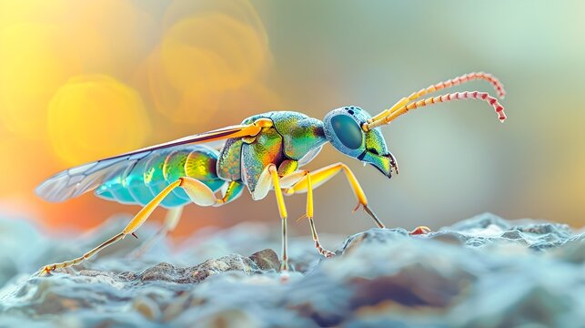 Macro Closeup of Parasitic Wasp Laying Eggs on Pastel Background