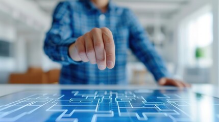Real estate planning, virtual property tour, hologram visuals, sleek modern design