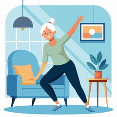 Elderly woman doing side stretches next to a chair indoors. The room is bright with a plant and a side table.