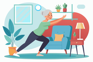 Elderly woman performing lunges and stretching exercises indoors. The room has plants, a chair, and a side table with a lamp.