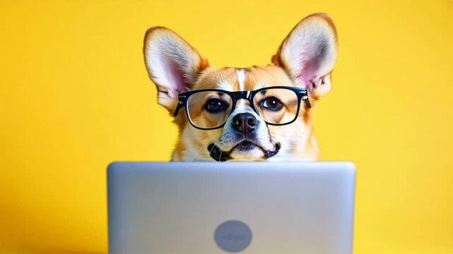 Cute corgi dog looking at laptop in glasses on yellow background