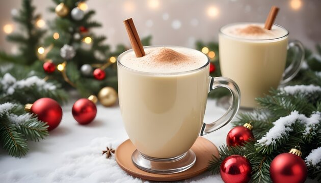 Mug of traditional eggnog surrounded by christmas decorations backdrop
