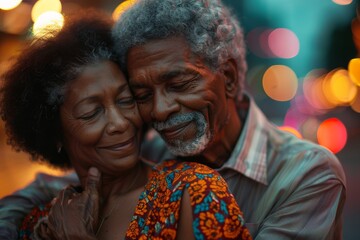 Fototapeta premium Portrait of a tender multicultural couple in their 60s wearing a simple cotton shirt in background of bright city lights