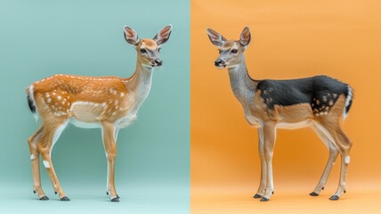 Obraz premium Two deer figurines with detailed features, one standing against a green background, the other against an orange background.