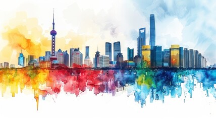 Fototapeta premium Vibrant watercolor city skyline of Shanghai, capturing modern skyscrapers and iconic landmarks in a colorful abstract style.